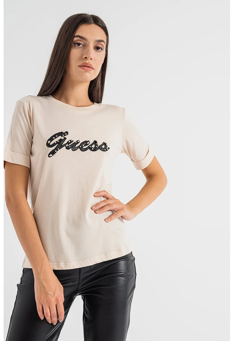 Tricou din amestec de modal cu logo si margele, Bej deschis