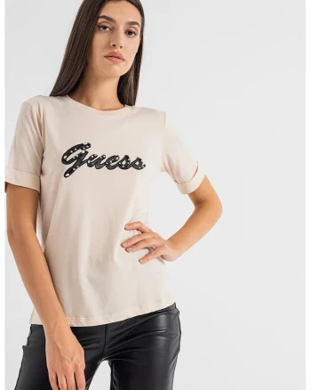 Tricou din amestec de modal cu logo si margele, Bej deschis
