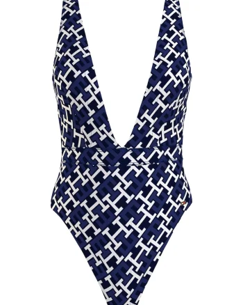 Costum de baie intreg cu monograma, Alb/Bleumarin