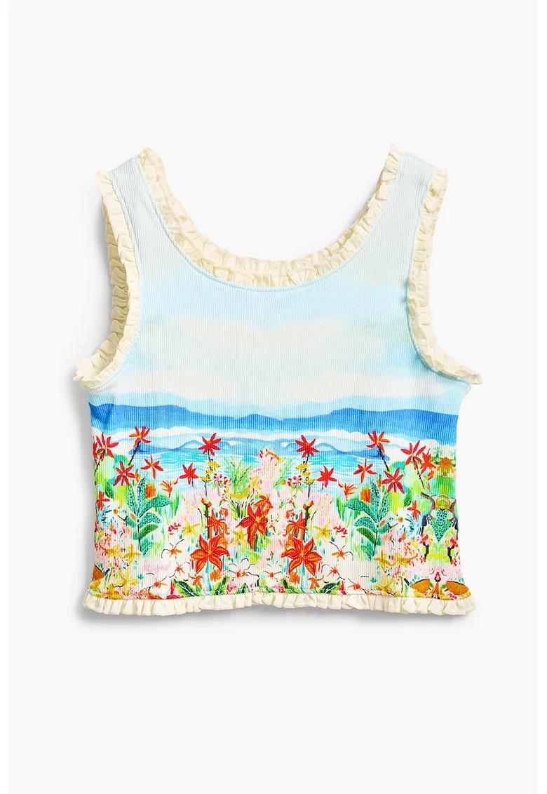 Top crop cu imprimeu, Rosu vermillion/Albastru deschis