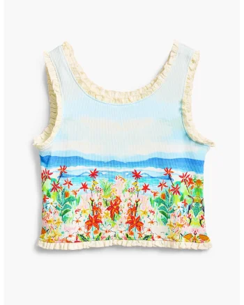 Top crop cu imprimeu, Rosu vermillion/Albastru deschis