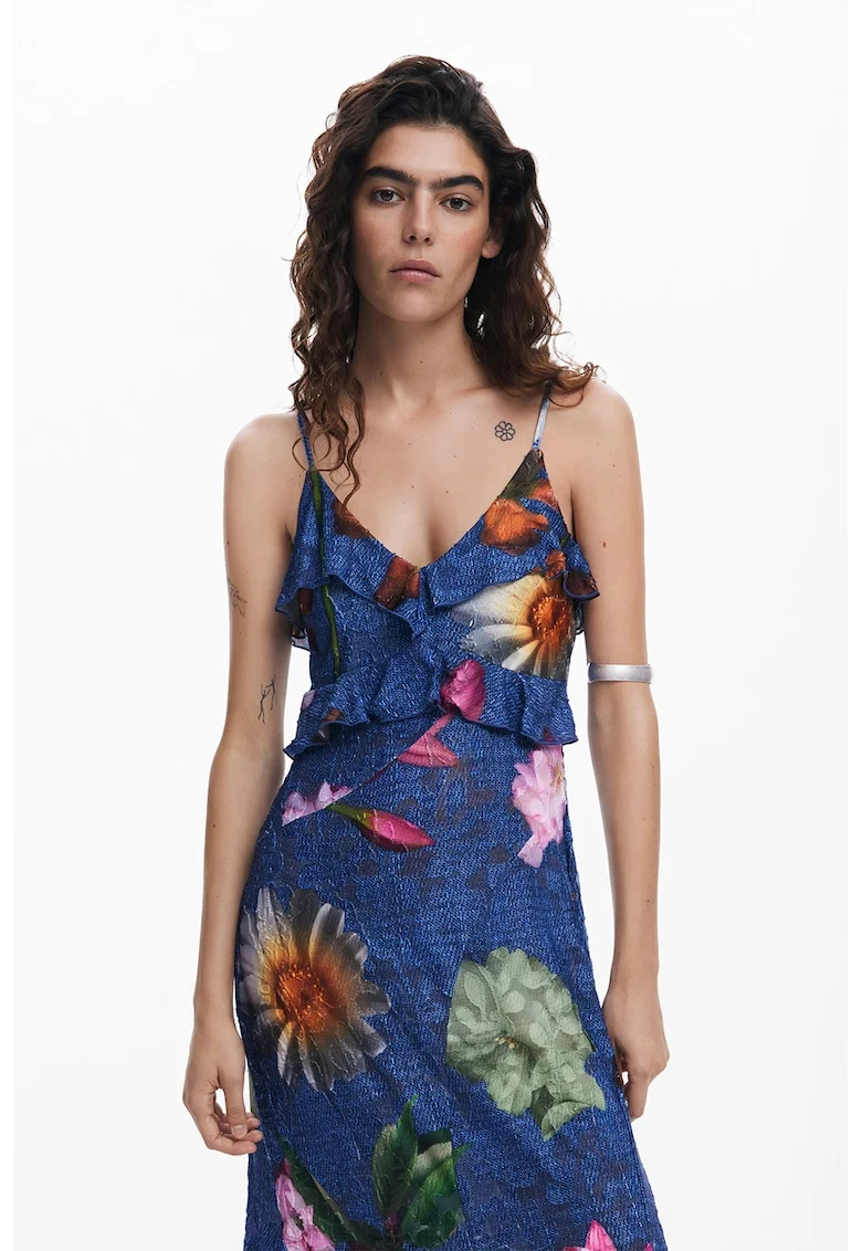 Rochie cu volane, model floral si terminatie asimetrica, Multicolor
