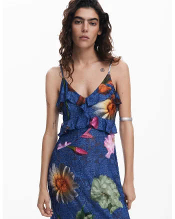 Rochie cu volane, model floral si terminatie asimetrica, Multicolor