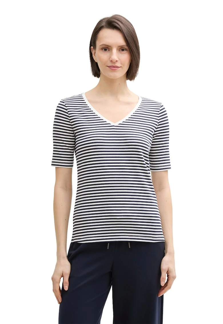 Tricou cu decolteu in V si model in dungi, Alb/Bleumarin