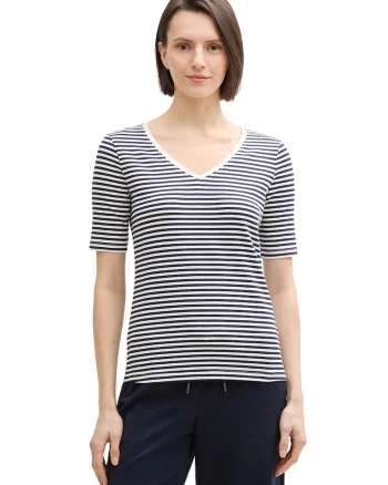 Tricou cu decolteu in V si model in dungi, Alb/Bleumarin