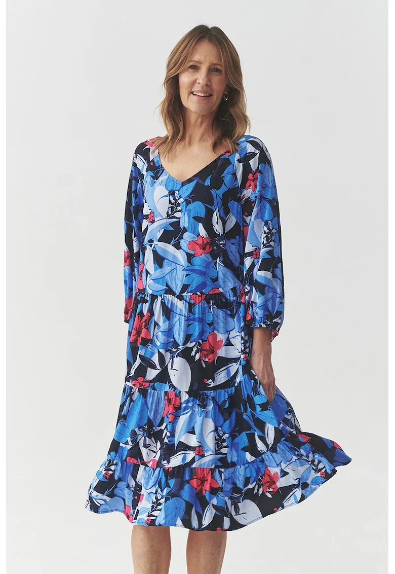 Rochie stratificata cu decolteu in V, Rosu/Negru/Albastru royal