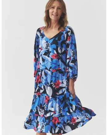 Rochie stratificata cu decolteu in V, Rosu/Negru/Albastru royal