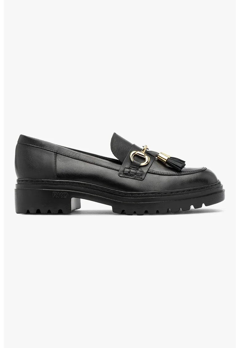 Pantofi loafer din piele intoarsa cu detaliu metalic, Negru