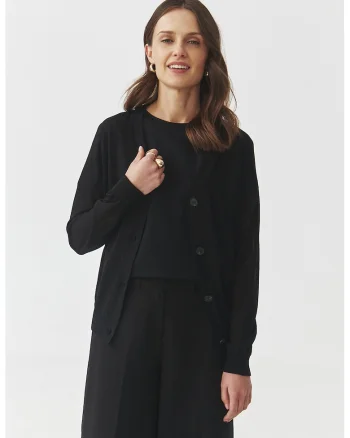Cardigan tricotat fin cu decolteu in V, Negru