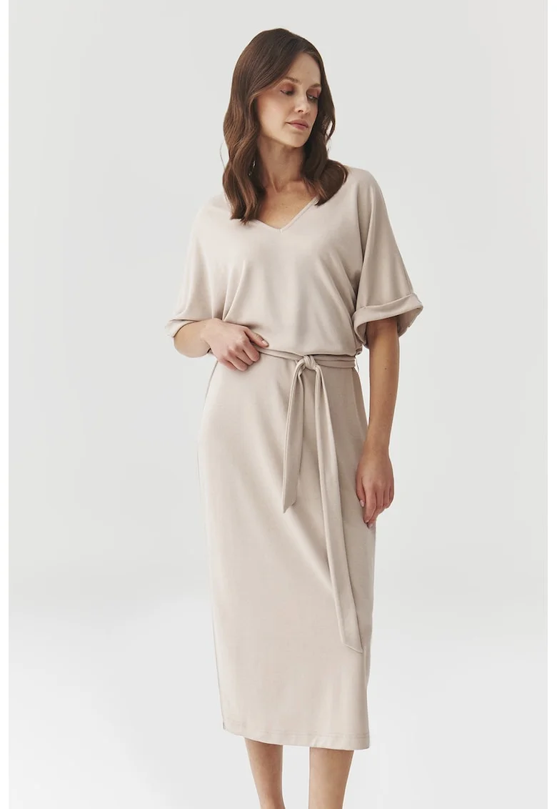 Rochie midi din amestec de nmodal cu cordon in talie, Maro nisip
