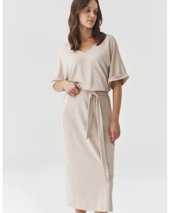 Rochie midi din amestec de nmodal cu cordon in talie, Maro nisip