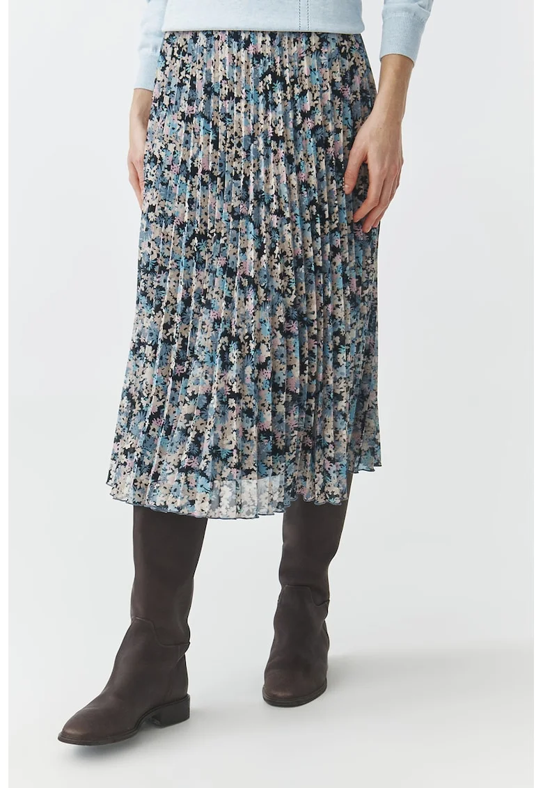 Fusta midi cu model floral, Negru/Albastru prafuit/Galben pal