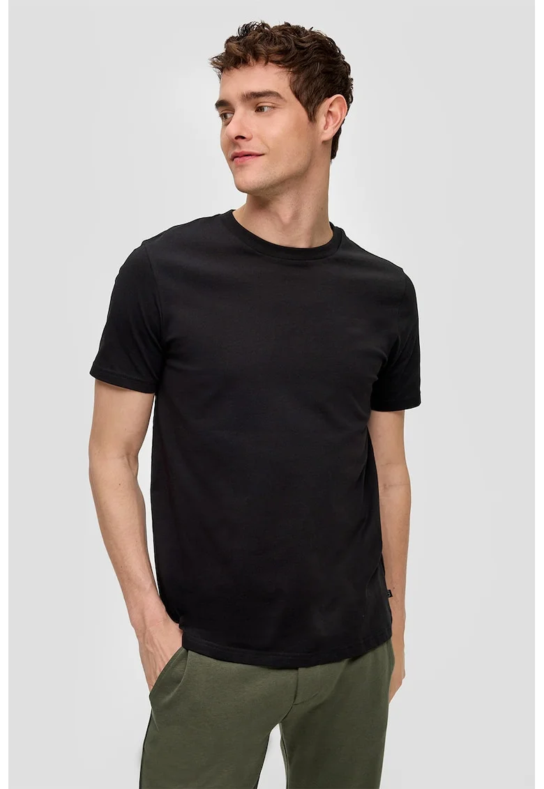 Tricou de bumbac cu decolteu la baza gatului, Negru
