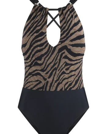 Costum de baie cu animal print si bretele ajustabile, Negru