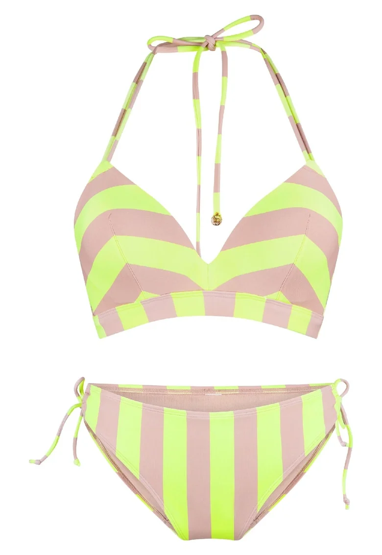 Costum de baie din doua piese cu model in dungi, Galben/Bej