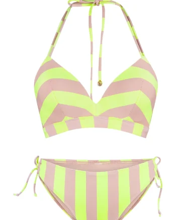 Costum de baie din doua piese cu model in dungi, Galben/Bej