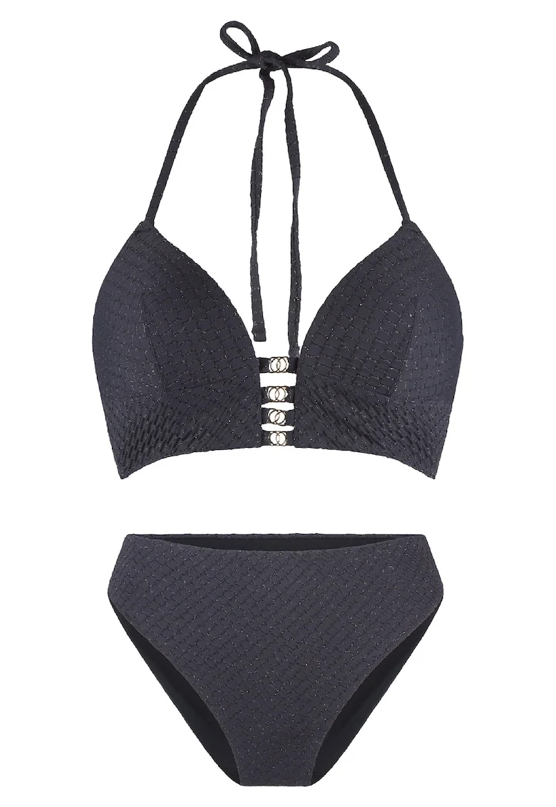 Costum de baie din doua piese cu aspect stralucitor, Negru