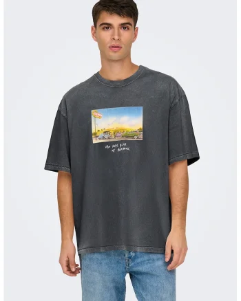 Tricou lejer cu model grafic, Gri antracit