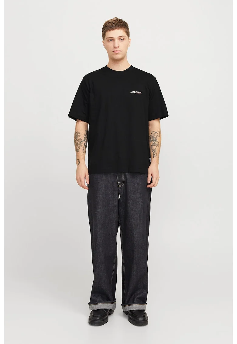 Tricou cu imprimeu text si decolteu la baza gatului, Negru/Crem