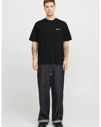 Tricou cu imprimeu text si decolteu la baza gatului, Negru/Crem