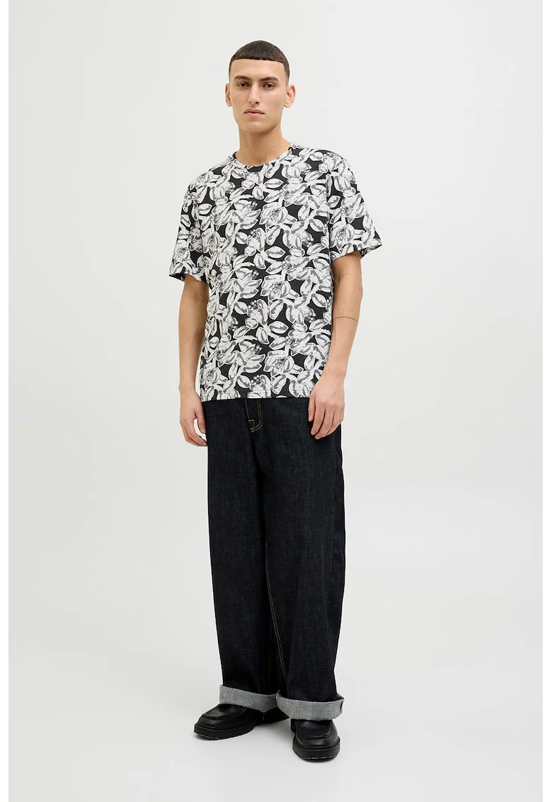 Tricou de bumbac cu imprimeu tropical, Negru/Alb murdar