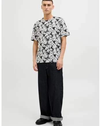 Tricou de bumbac cu imprimeu tropical, Negru/Alb murdar