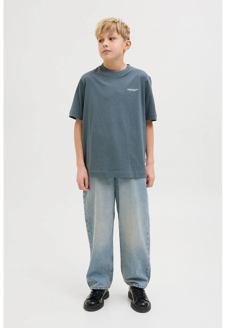 Tricou de bumbac cu imprimeu text, Albastru prafuit/Crem