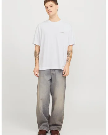 Tricou cu imprimeu text si decolteu la baza gatului, Alb/Auriu