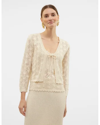 Cardigan crop cu decolteu in V, Crem