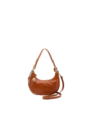 Geanta din piele cu bareta de umar si buzunar exterior cu fermoar False, Maro cognac