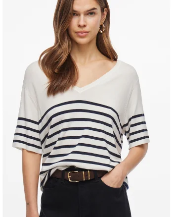 Tricou cu decolteu in V si model in dungi, Albastru inchis/Alb murdar