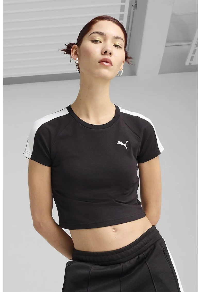 Tricou crop din bumbac cu logo, Negru/Alb murdar
