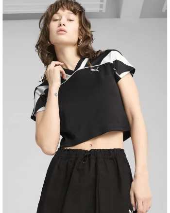 Tricou crop cu decolteu in V, Negru/Alb murdar