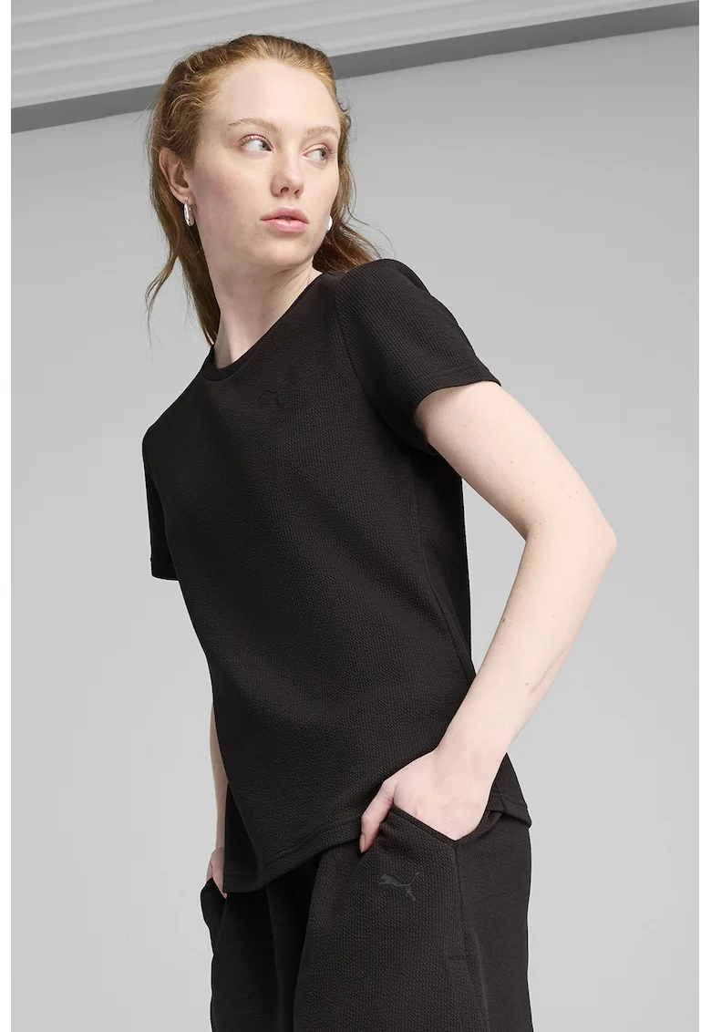 Tricou din amestec de bumbac cu decolteu la baza gatului, Negru