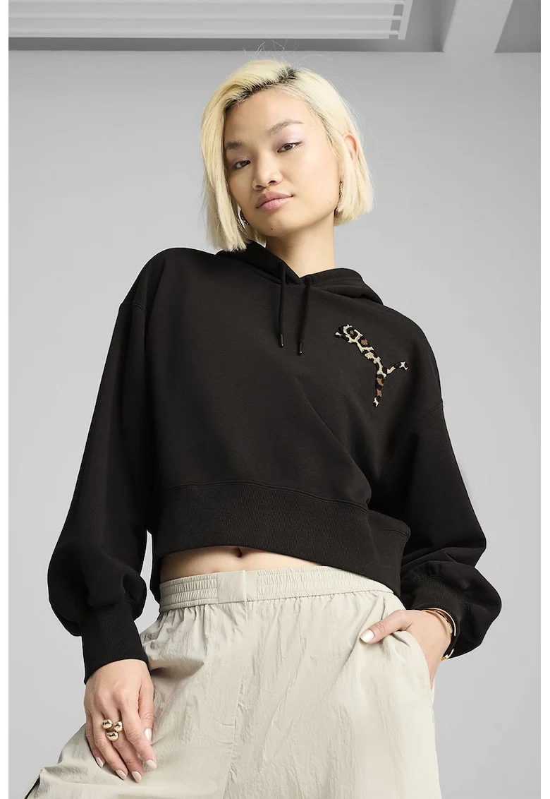 Hanorac relaxed-fit cu croiala crop Leo Luxe, Negru