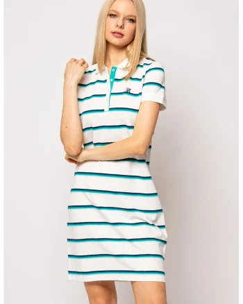 Rochie-tricou polo cu model in dungi, Alb/Turcoaz/Bleumarin