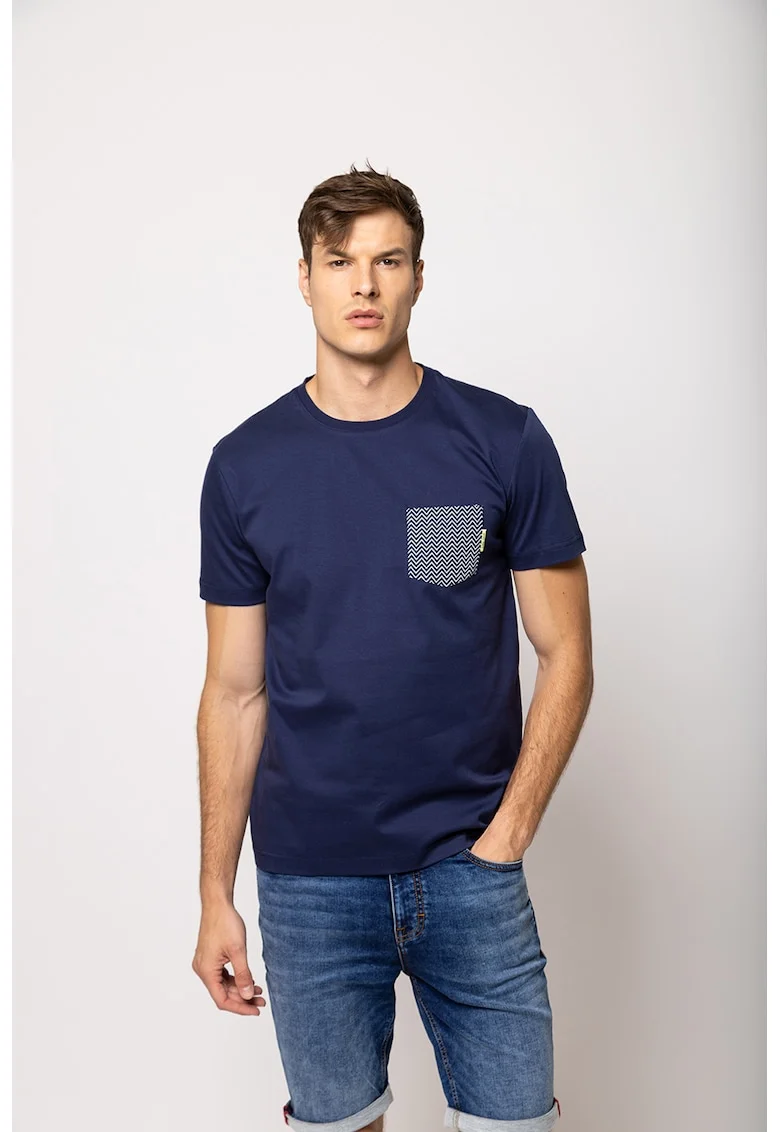 Tricou cu decolteu la baza gatului si buzunar aplicat pe piept Masso, Bleumarin