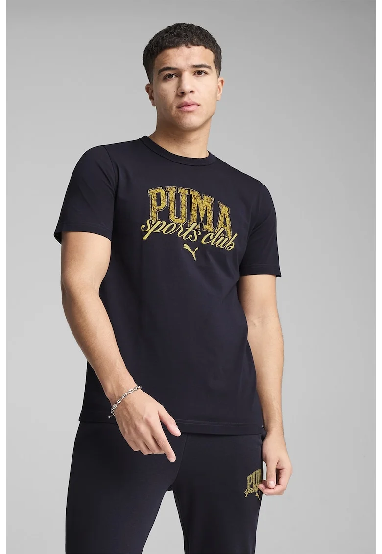 Tricou cu decolteu la baza gatului si imprimeu logo, Albastru ultramarin