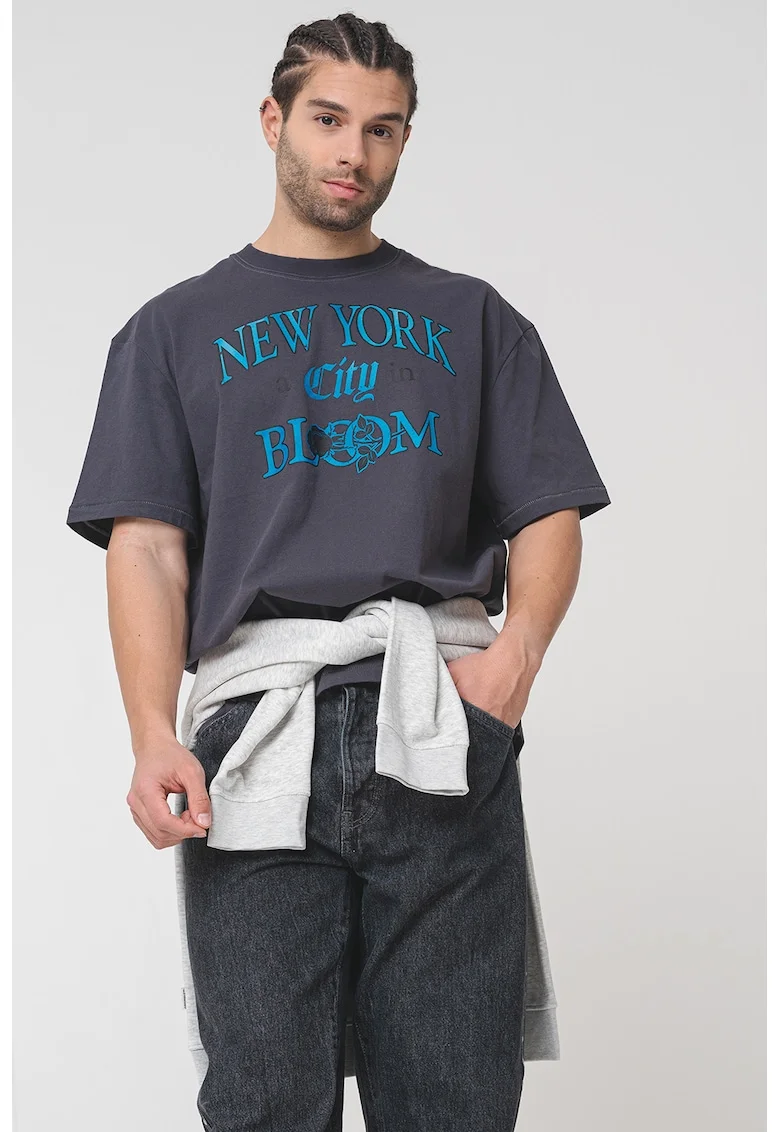 Tricou cu maneci cazute si imprimeu text, Albastru/Gri inchis