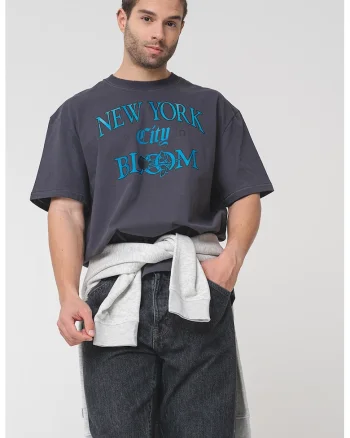 Tricou cu maneci cazute si imprimeu text, Albastru/Gri inchis