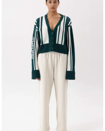 Cardigan in dungi din lana merinos, cu nasturi, Verde padure, Alb