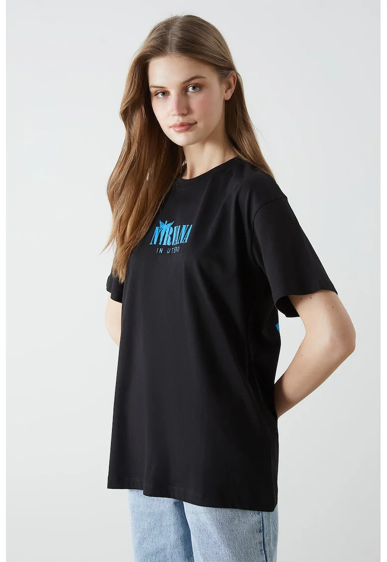 Tricou din bumbac cu imprimeu grafic pe partea din spate, Albastru pastel/Negru/Roz pastel