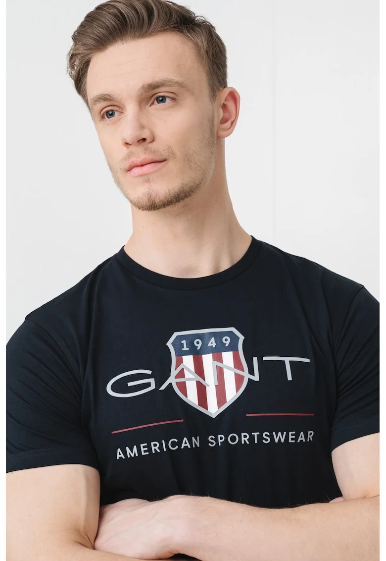 Tricou din bumbac cu model logo, Negru/Gri deschis/Alb murdar