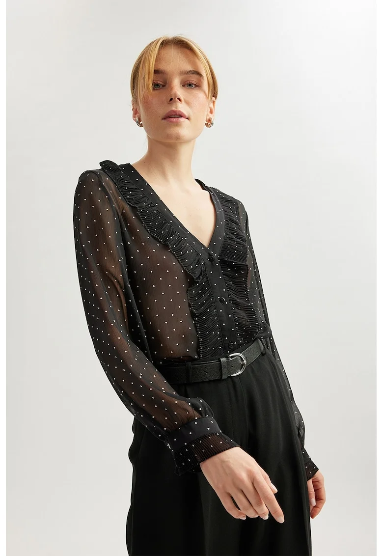 Bluza transparenta cu decolteu in V, Alb/Negru