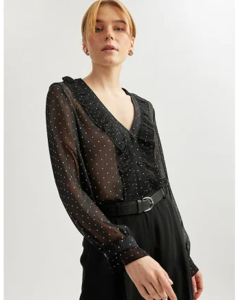 Bluza transparenta cu decolteu in V, Alb/Negru