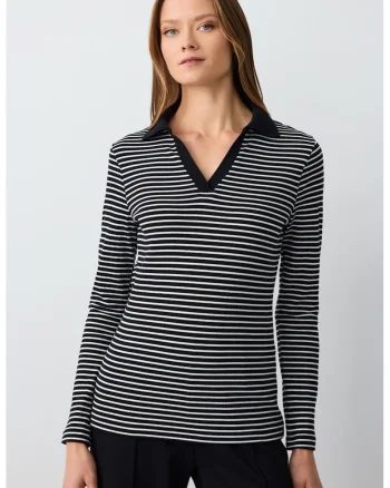 Bluza polo cu decolteu in V si model in dungi, Alb/Negru