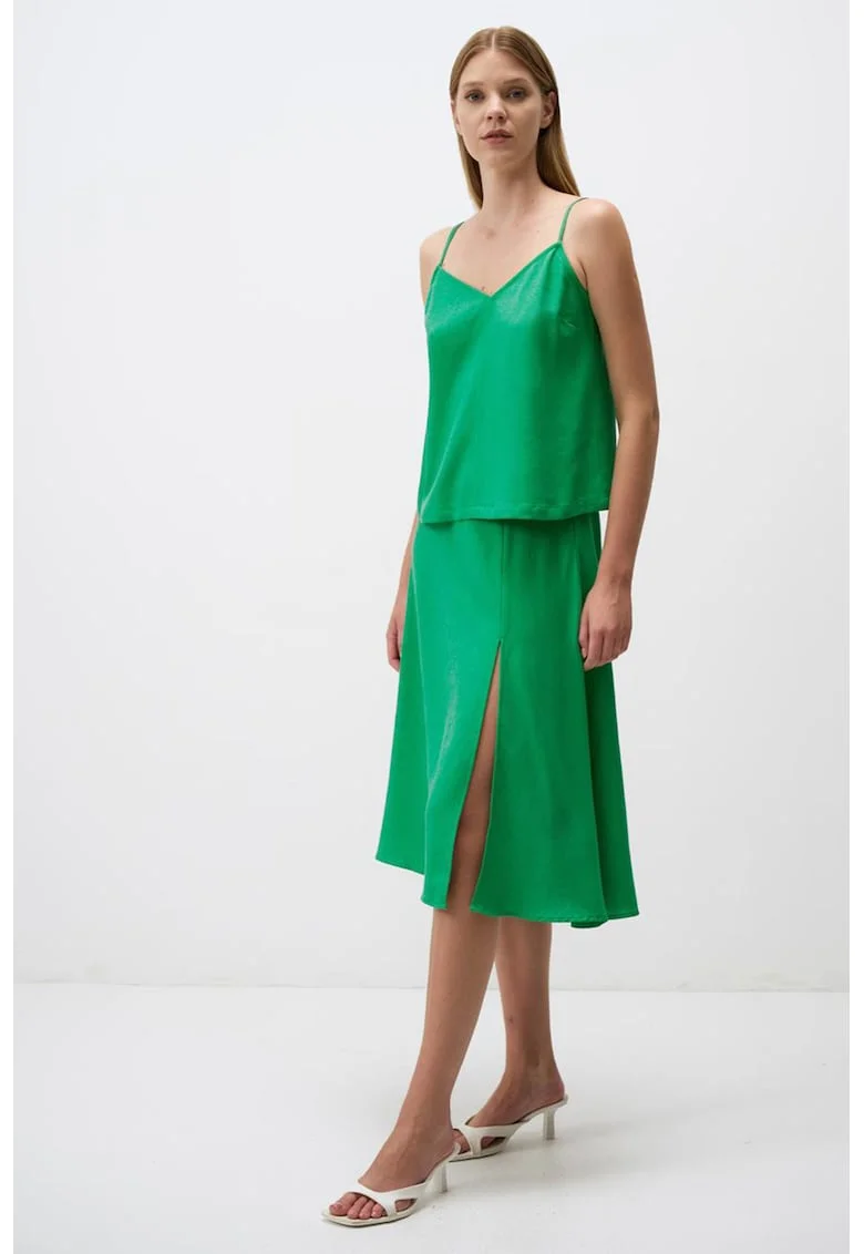 Fusta midi din in cu slit lateral, Verde