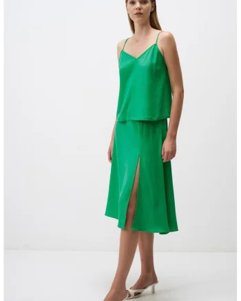 Fusta midi din in cu slit lateral, Verde