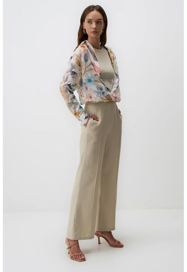 Pantaloni din amestec de in cu croiala ampla, Alb fildes