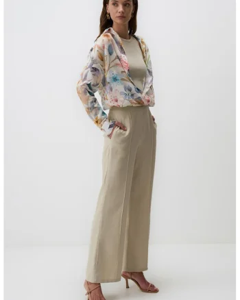 Pantaloni din amestec de in cu croiala ampla, Alb fildes